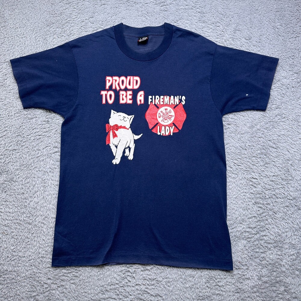 Vintage Firemans Cat Shirt Large Blue Fruit of the Loom Lady Single Stitch USA